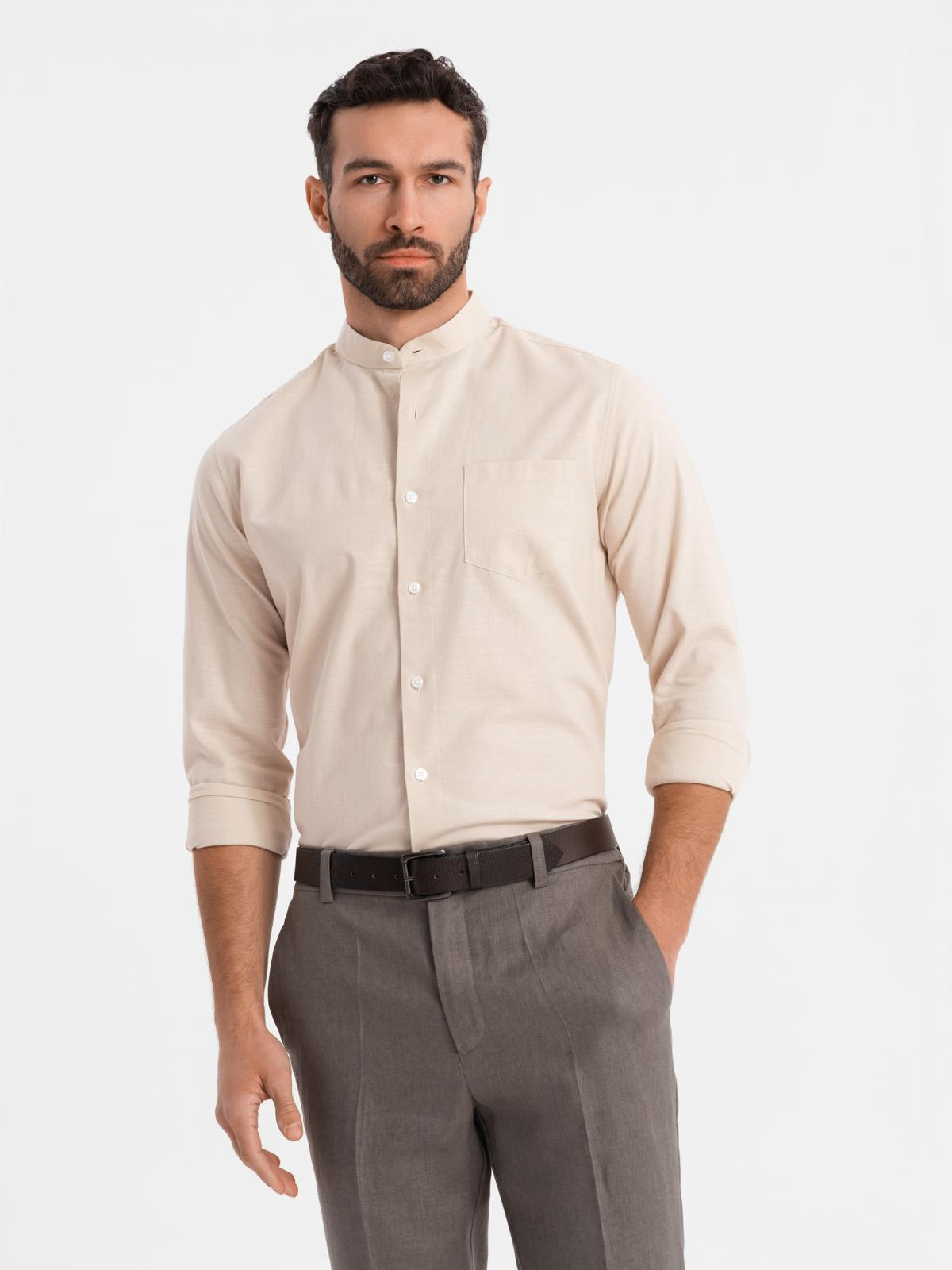 Koszula męska lniana ze stójką i kieszenią REGULAR FIT – kremowa V3