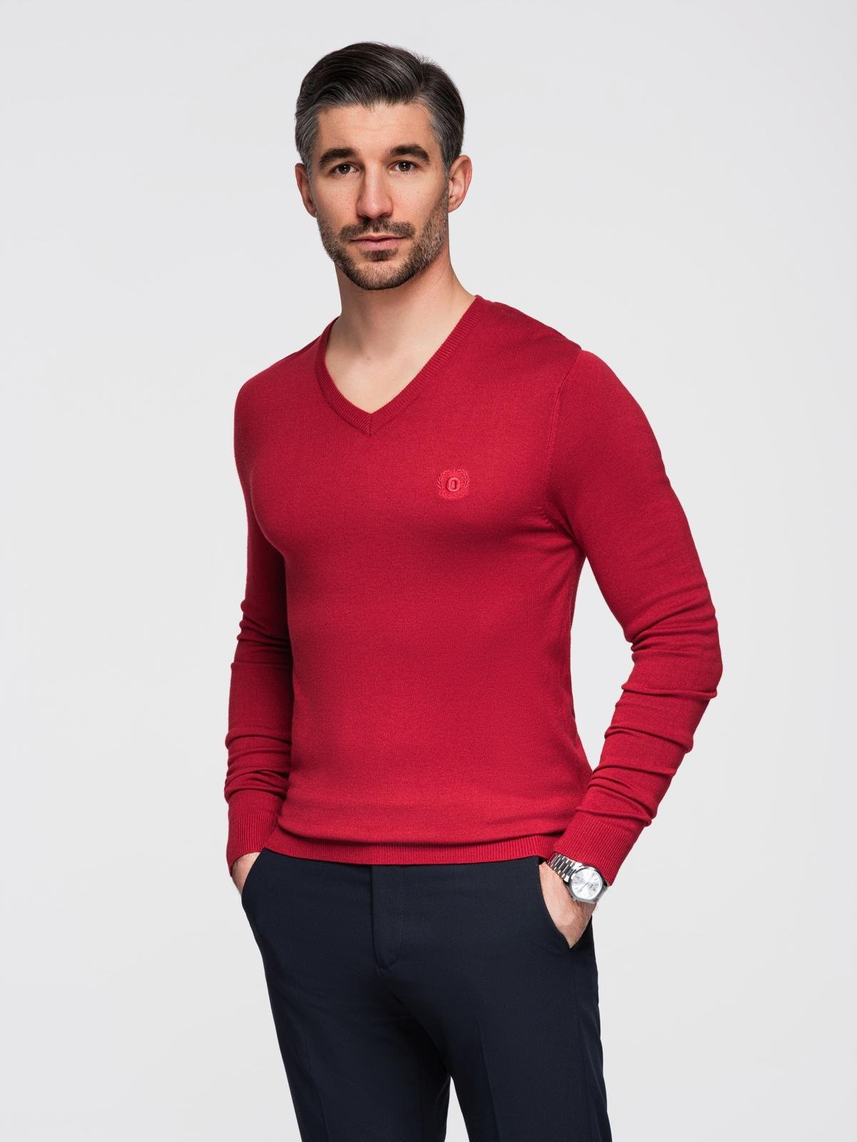 Męski elegancki sweter V-neck BASIC z wiskozą – czerwony V20 - Rozmiar: M