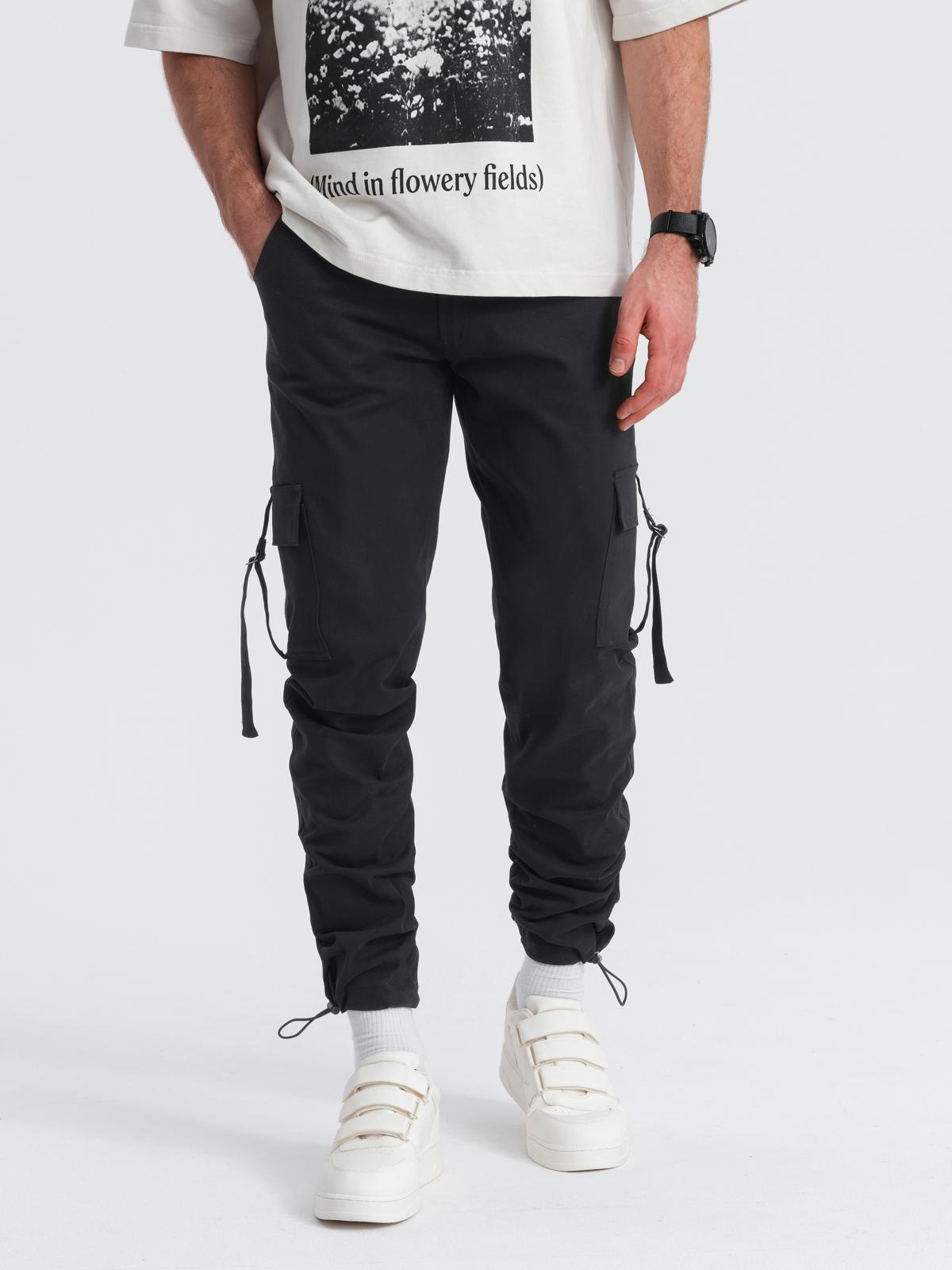 Spodnie męskie cargo STRAIGHT LEG z paskami na kieszeniach – czarne V4