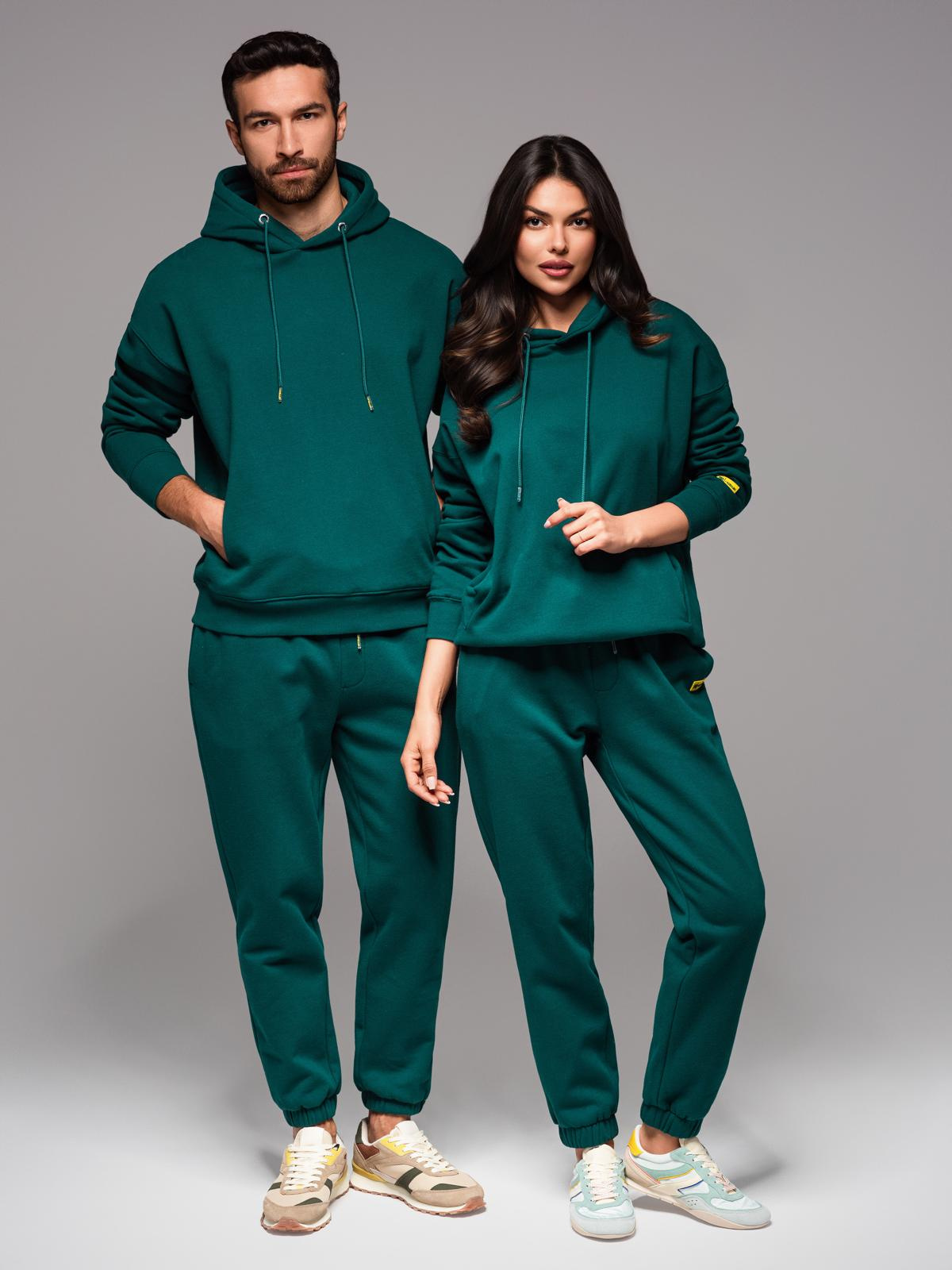 Komplet dresowy UNISEX bluza z kapturem + spodnie ze ściągaczami w stylu athleisure – ciemnozielony V17 - Rozmiar: XL/XXL