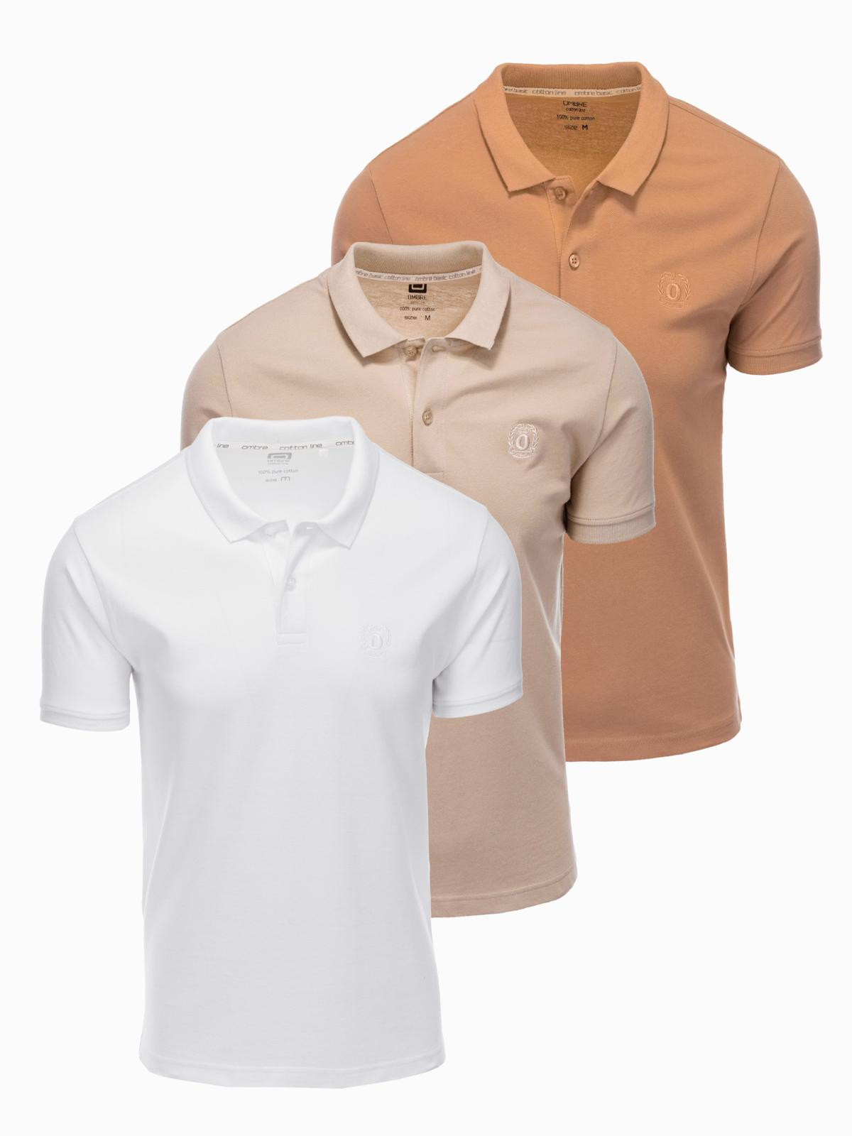 Komplet bawełnianych t-shirtów męskich polo BASIC – biały/cielisty/jasnobrązowy V6 - Rozmiar: S