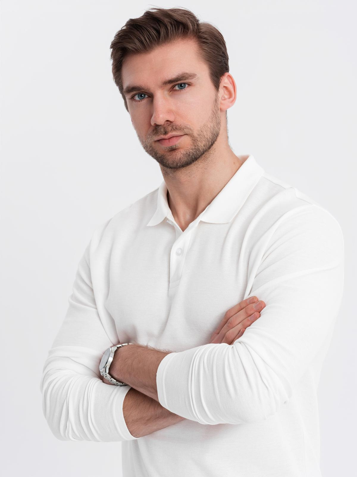 Longsleeve męski BASIC z kołnierzykiem polo – biały V1 - Rozmiar: L