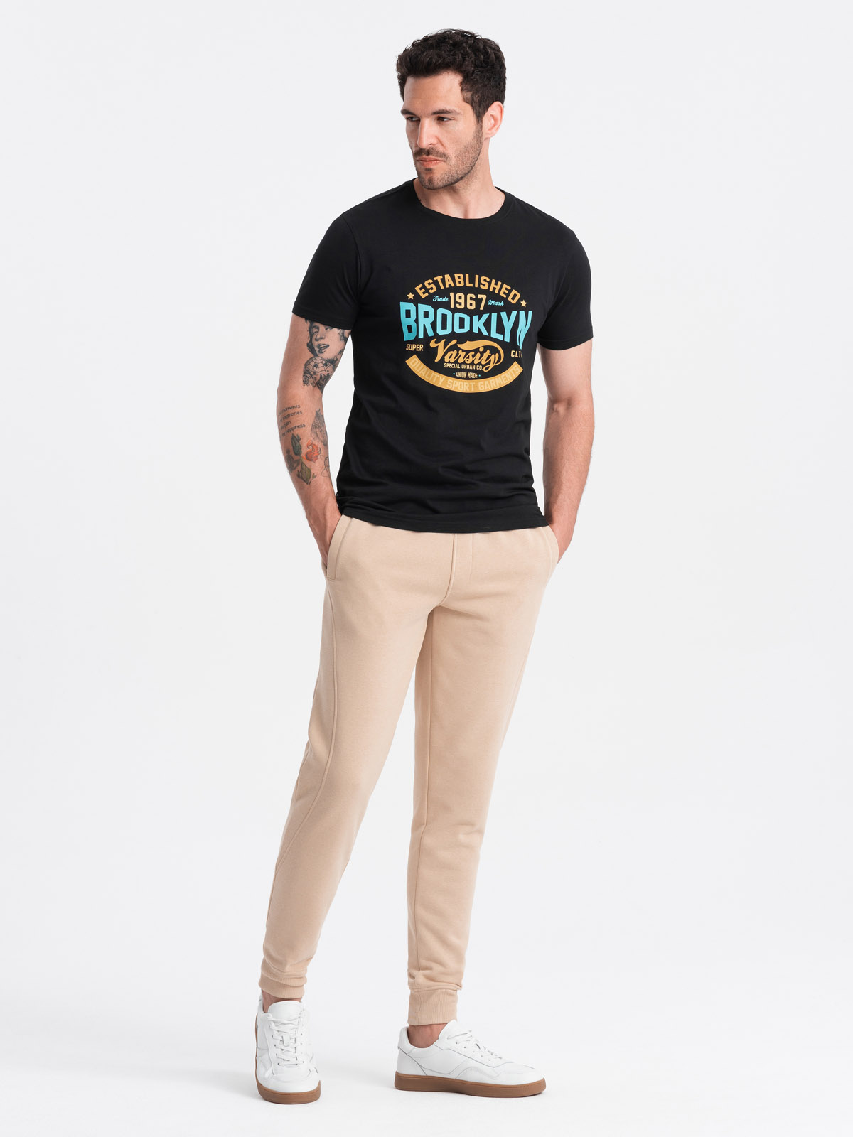 Męskie bawełniane spodnie joggery dresowe BASIC – beżowe V6 - Rozmiar: XL