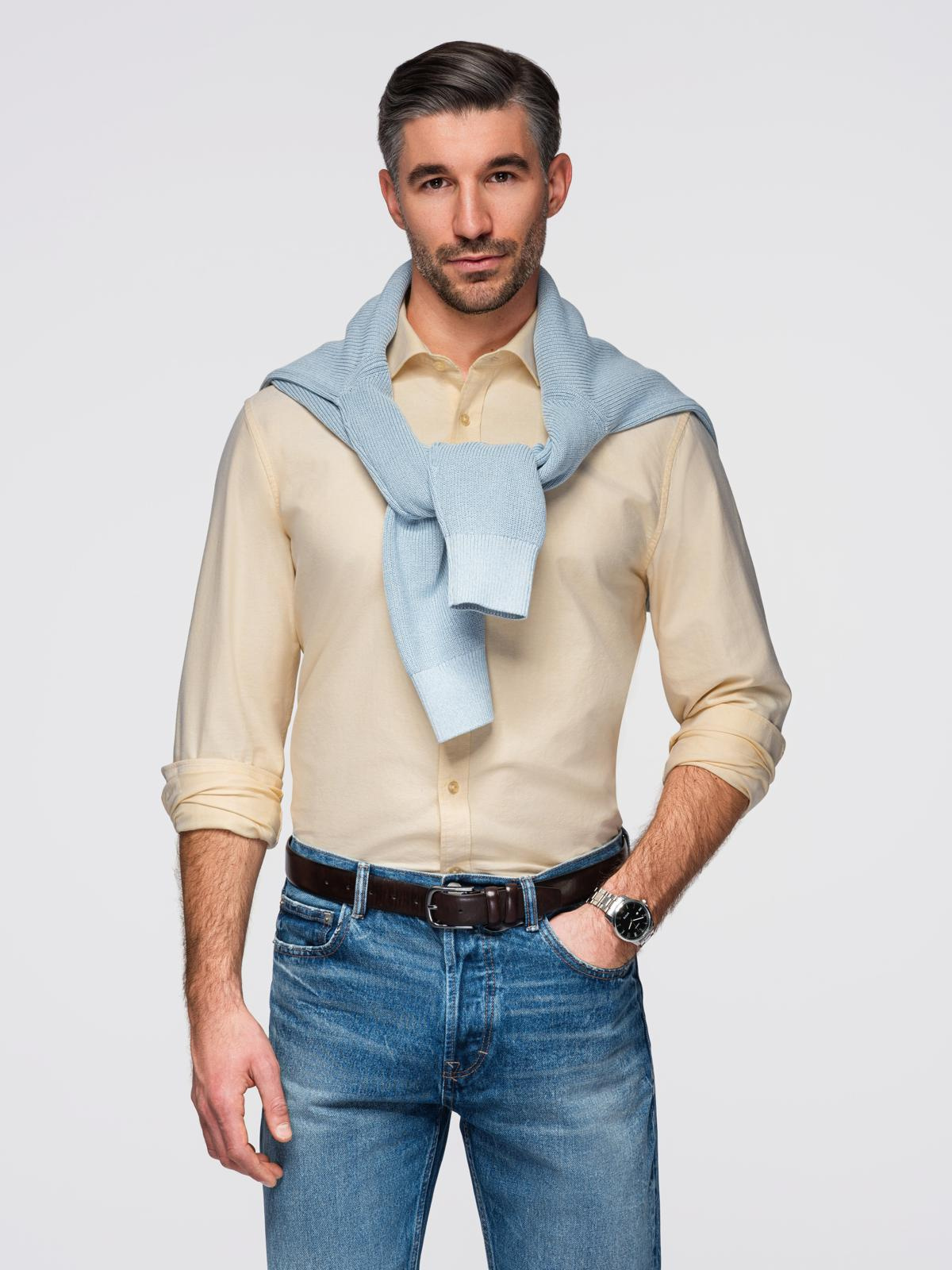 Pastelowa bawełniana męska koszula typu oxford – jasnożółta V3 - Rozmiar: M