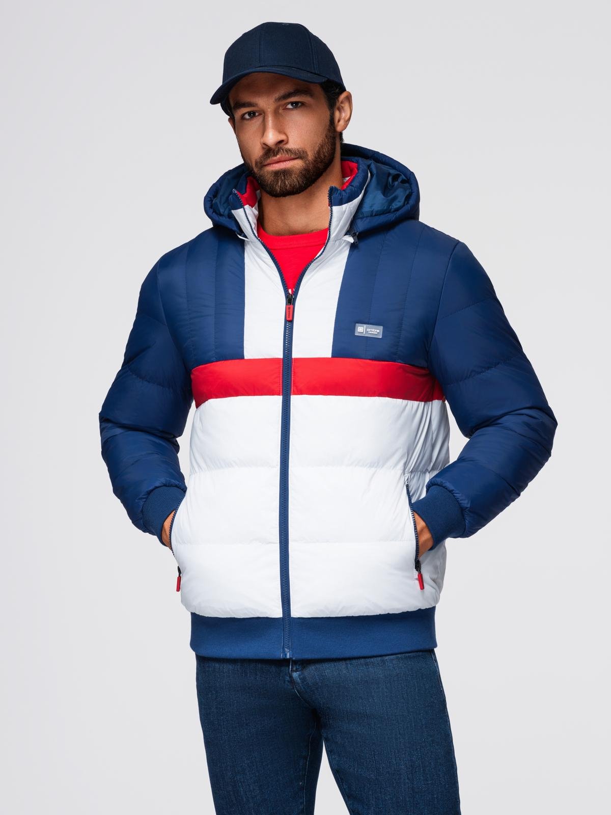 Kolorowa sportowa męska kurtka w stylu retro – niebiesko-biała V1 - Rozmiar: XXL