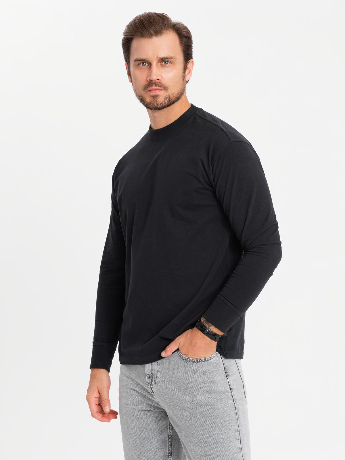Męski longsleeve bawełniany LOOSE FIT z okrągłym dekoltem – czarny V1