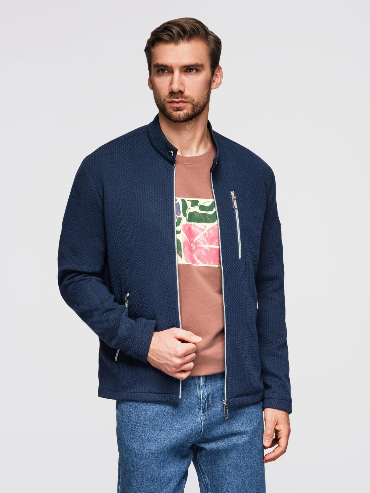 Strukturalna kurtka biker męska ze stójką – ciemnoniebieska V1 - Rozmiar: XL