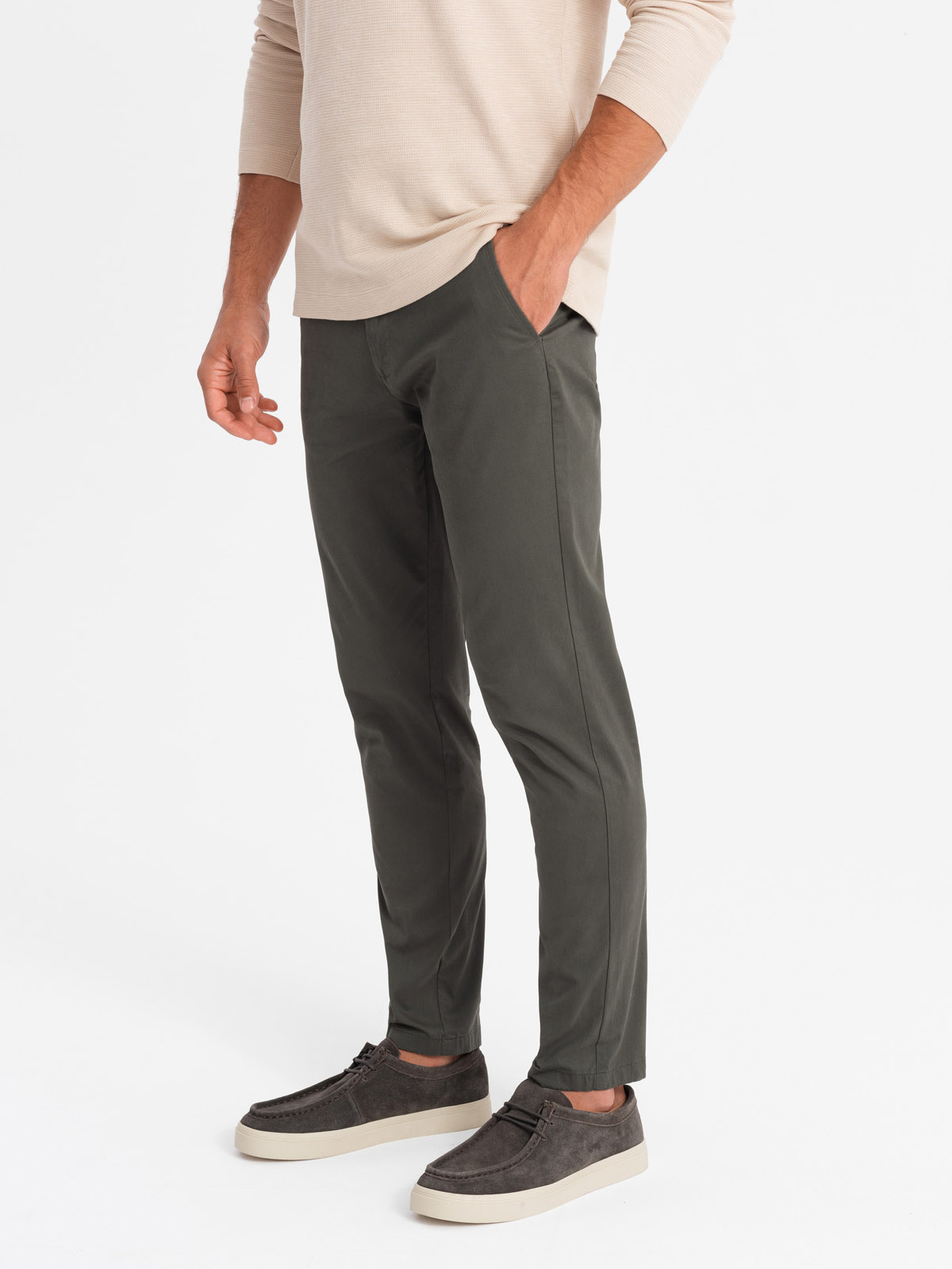 Jednolite męskie spodnie chino SLIM FIT – khaki V3 - Rozmiar: XL