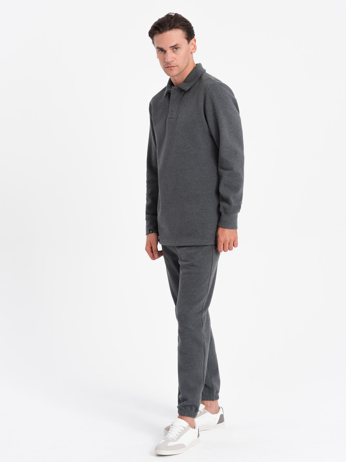 Komplet męski dresowy bluza z kołnierzem polo + spodnie - grafitowy melanż V1 - Rozmiar: XL