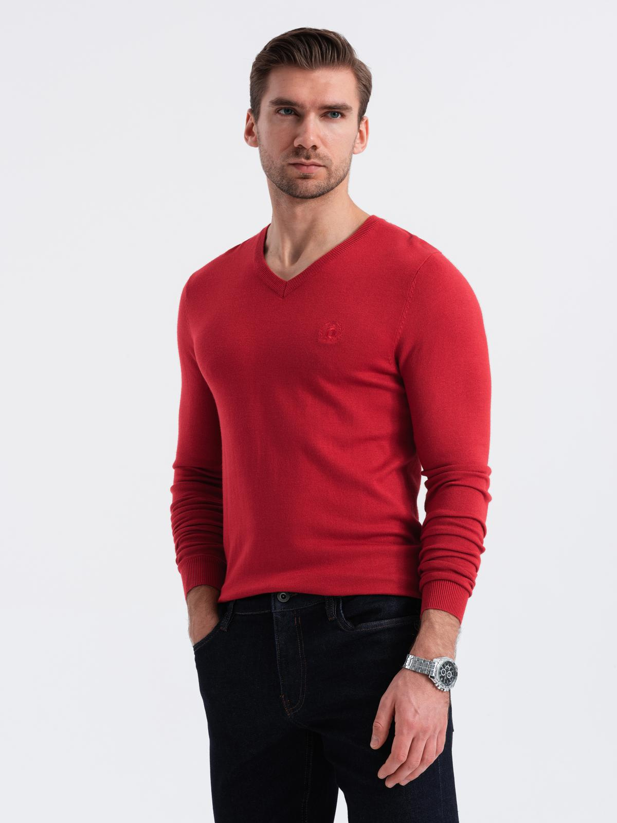 Męski elegancki sweter V-neck BASIC z wiskozą – czerwony V20 - Rozmiar: L