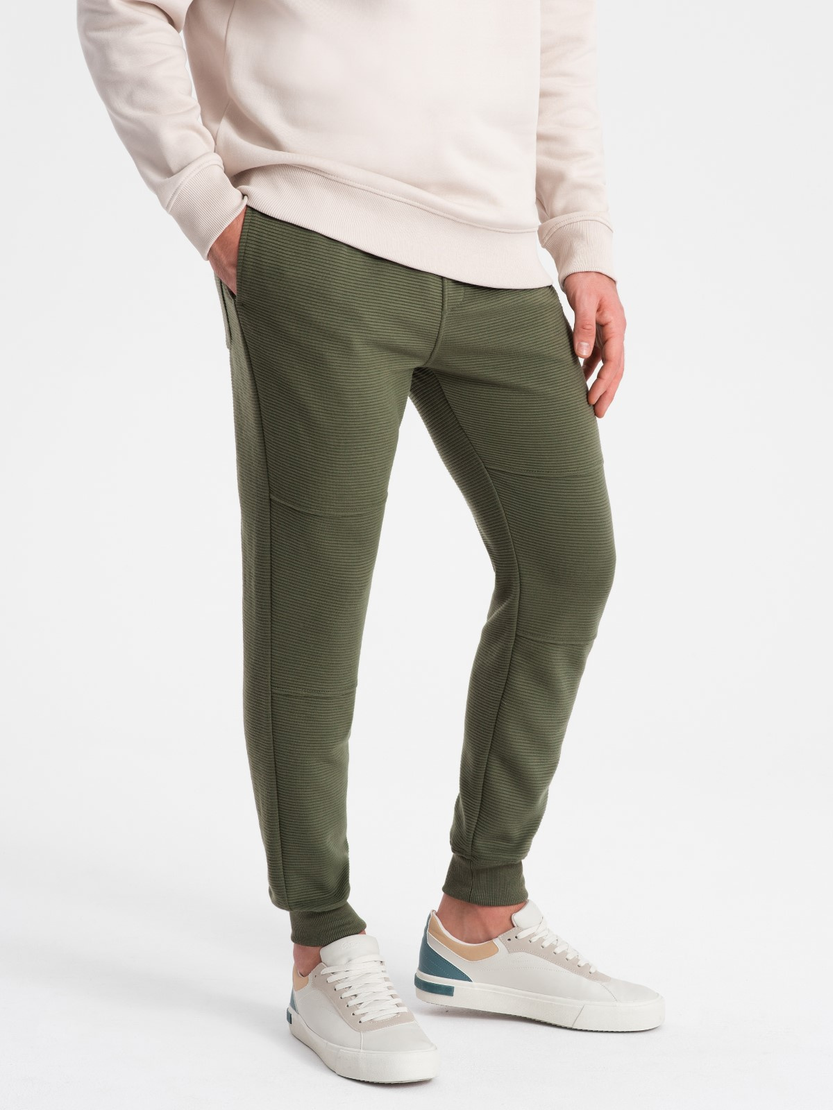 Spodnie dresowe męskie z tkaniny ottoman - ciemnooliwkowe V3 - Rozmiar: L