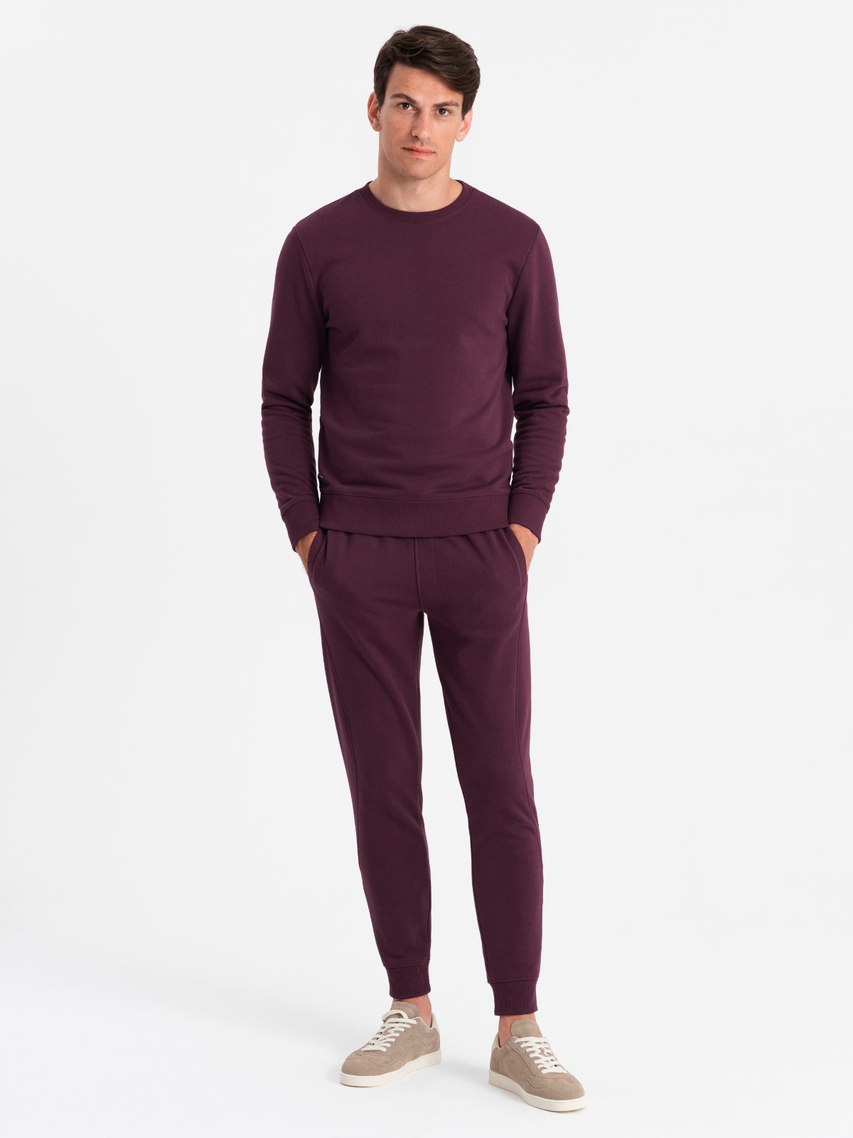 Dresowy bawełniany komplet męski BASIC bluza nierozpinana + joggery – bordowy V3