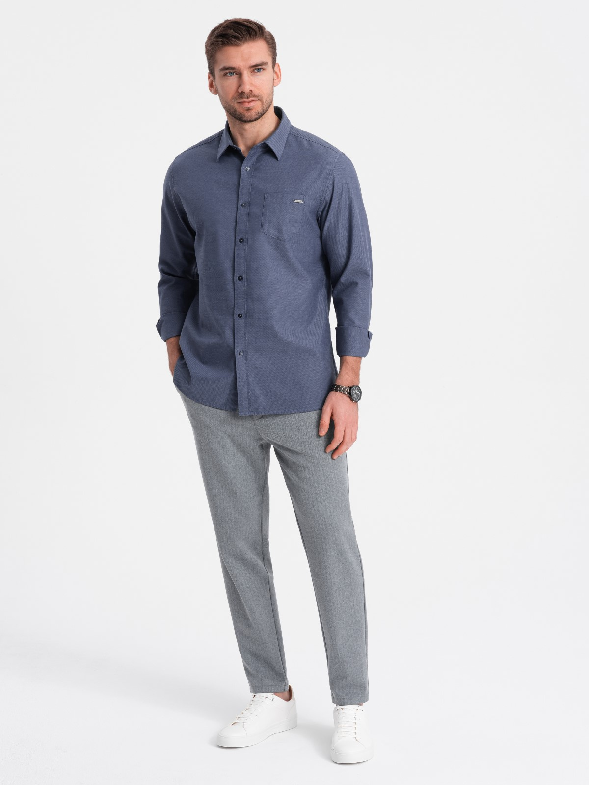 Męskie spodnie chino z gumką w pasie SLIM FIT - szare V1