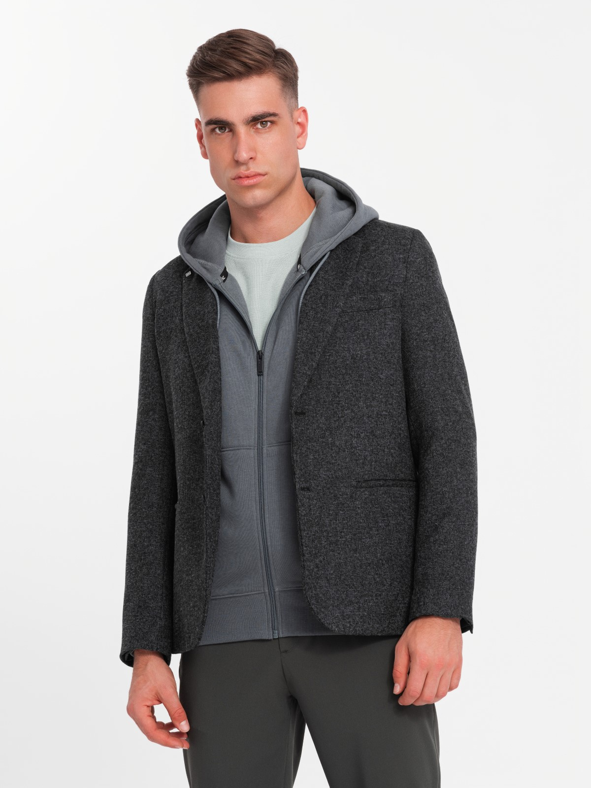 Męska marynarka casual z ozdobnym pinem na klapie - grafitowy melanż V2 - Rozmiar: S