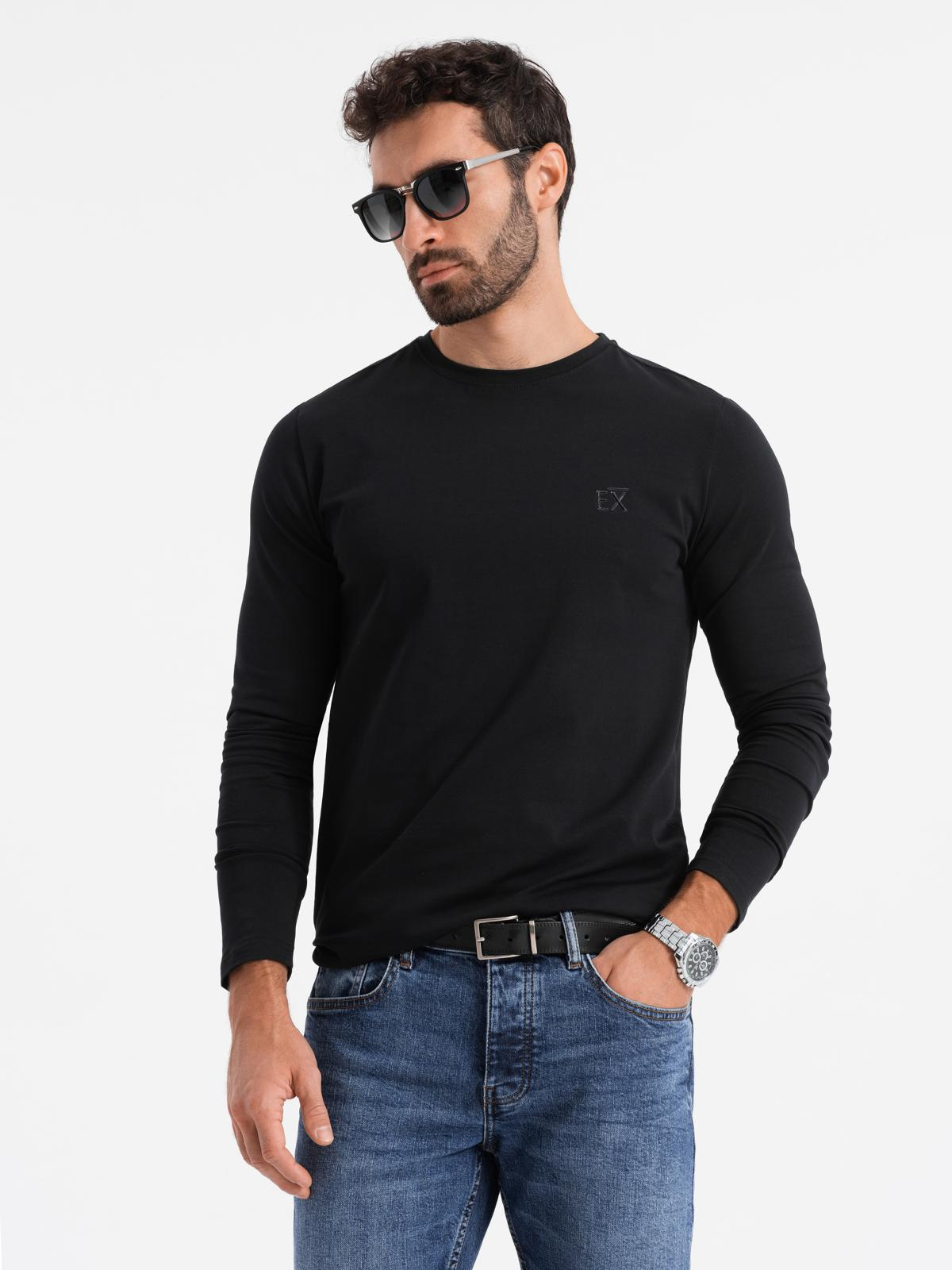 Longsleeve męski SLIM FIT z elastanem i printem – czarny V1 - Rozmiar: L