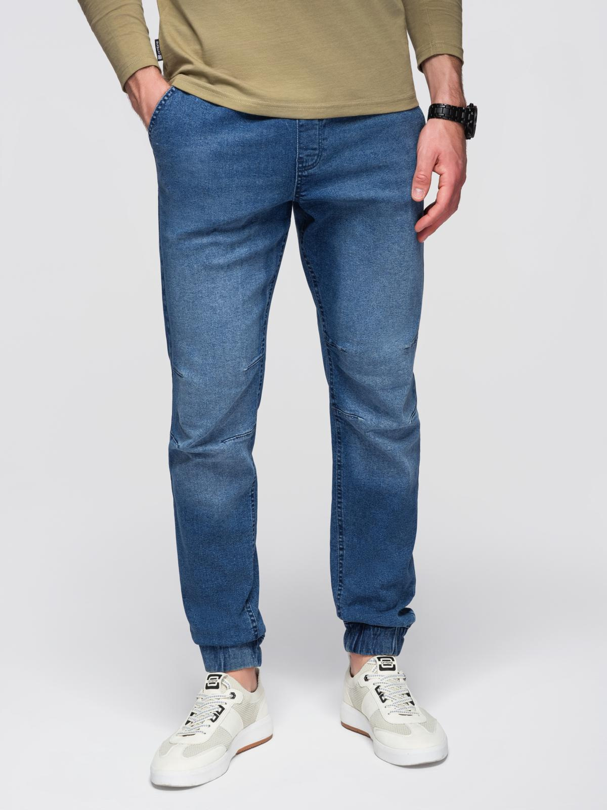 Męskie spodnie JOGGERY jeansowe z efektem sprania - niebieskie V2 - Rozmiar: XXL