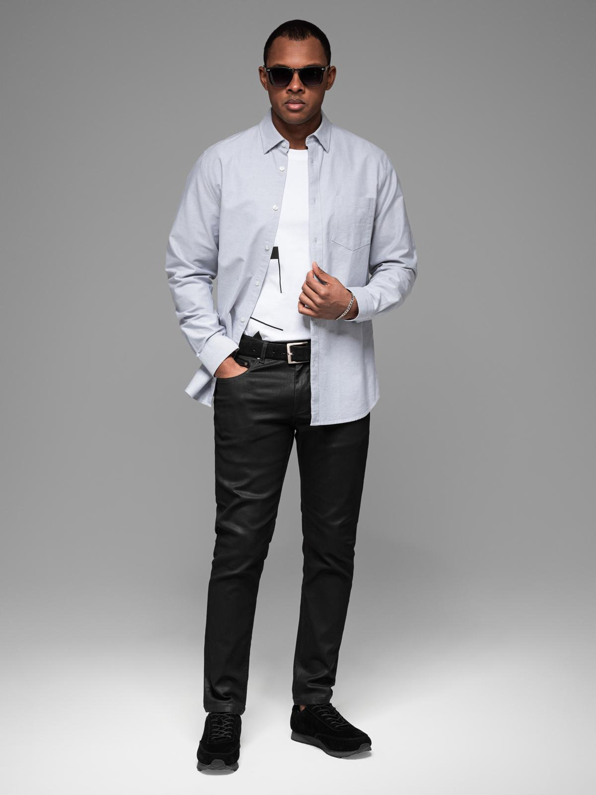 Elegancka męska koszula oxford z haftem i kieszonką – błękitna V1 - Rozmiar: L