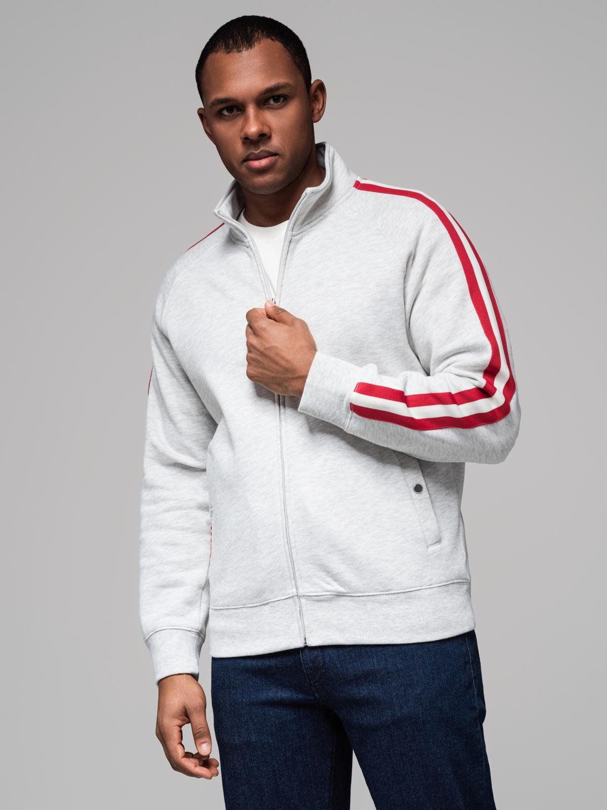 Męska bluza dresowa z wysokim kołnierzem i lampasami – szary melanż V1 - Rozmiar: XXL