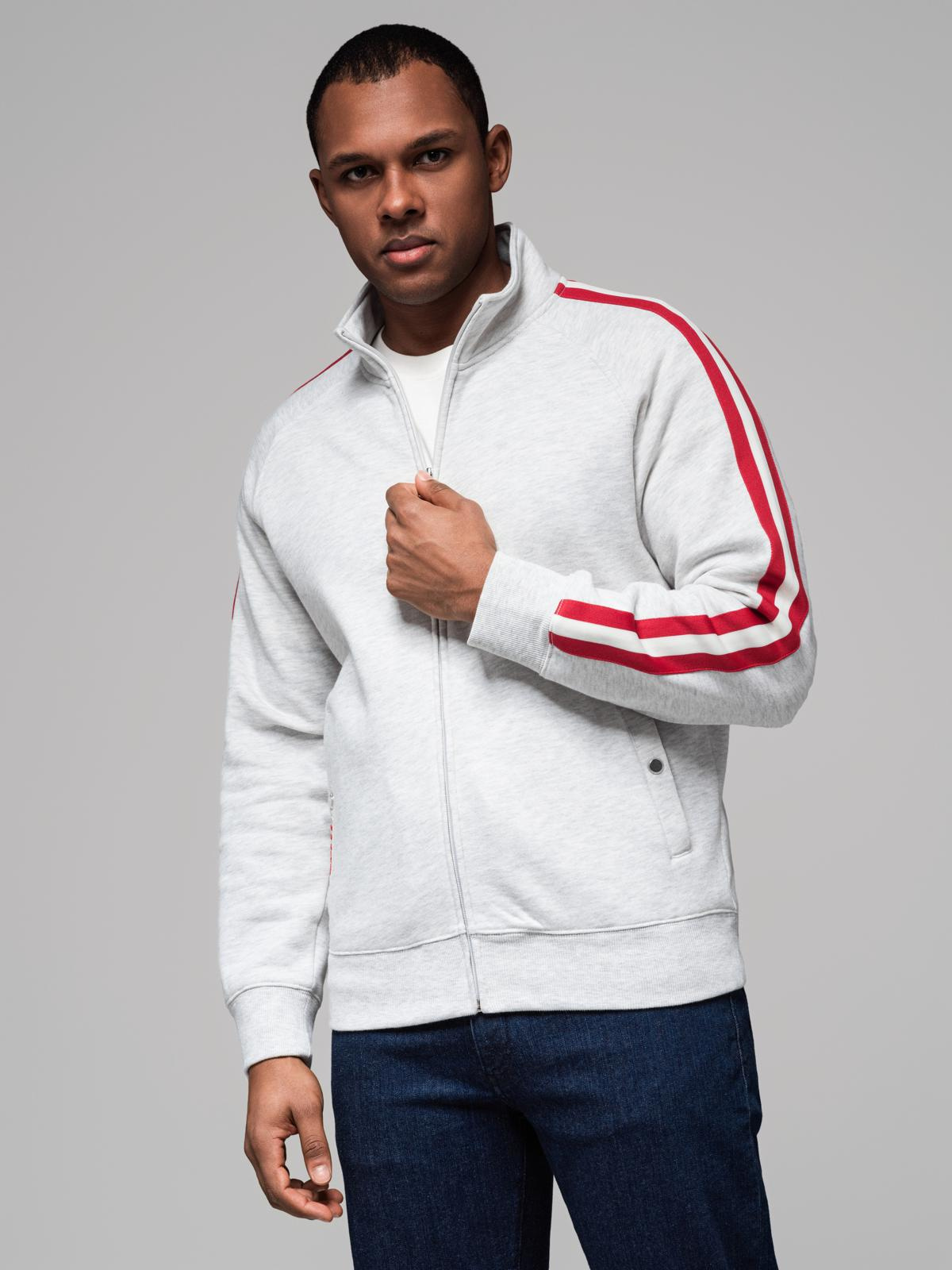 Męska bluza dresowa z wysokim kołnierzem i lampasami – szary melanż V1 - Rozmiar: M