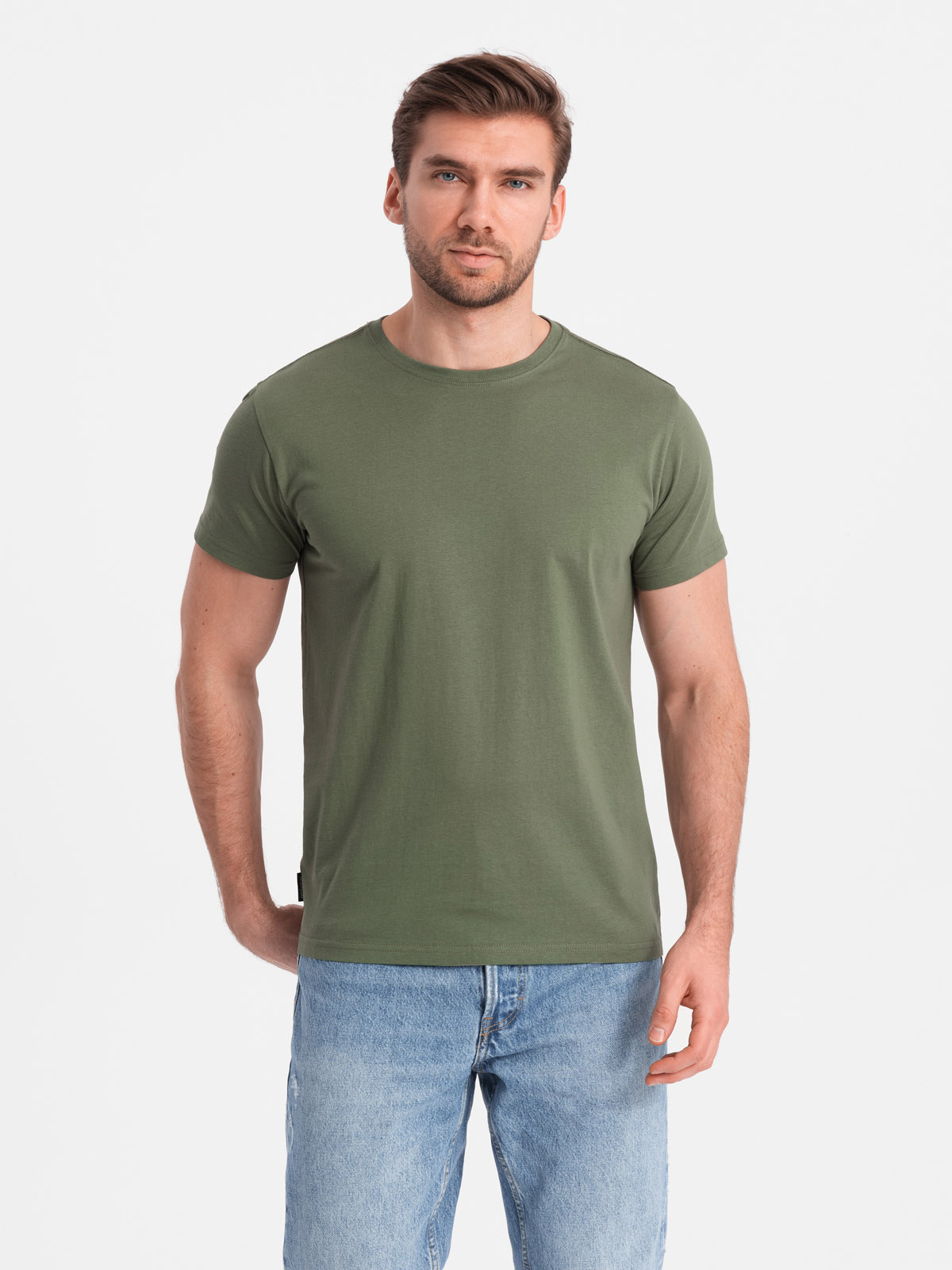 T-shirt męski klasyczny bawełniany BASIC - khaki V6 - Rozmiar: 4XL