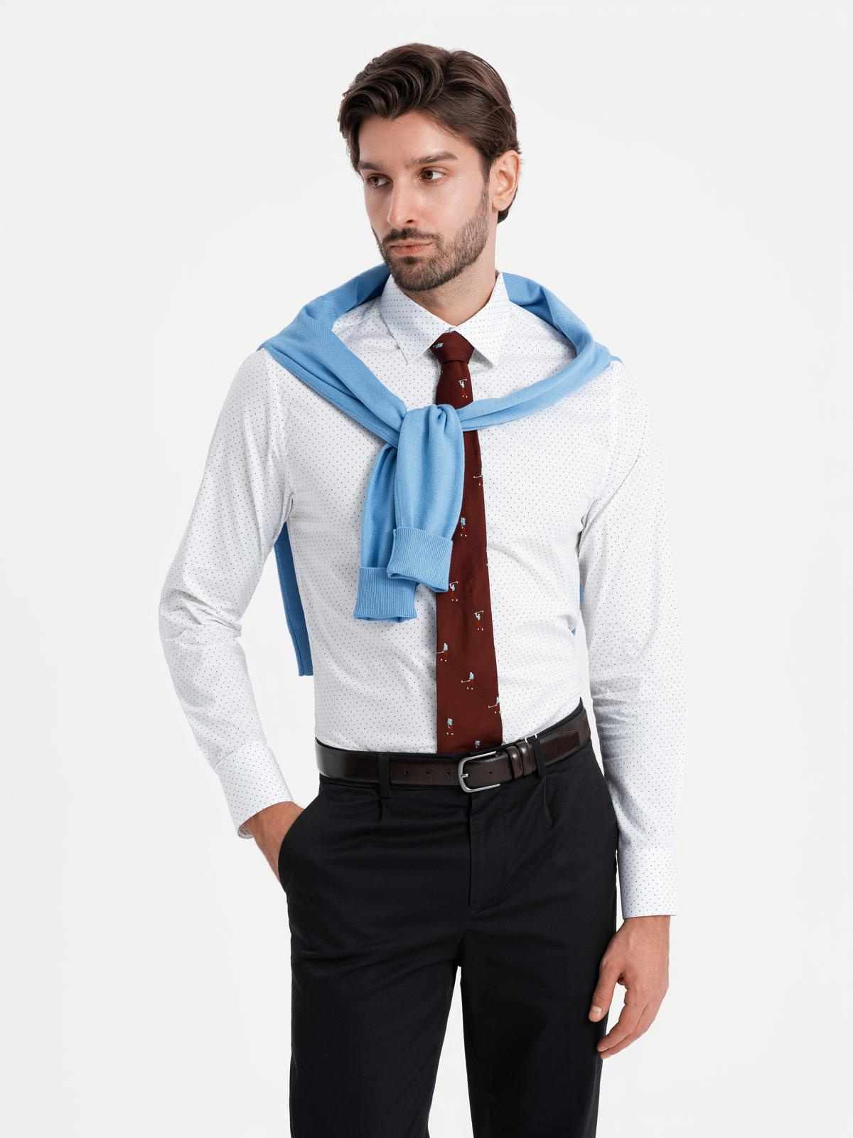 Bawełniana koszula męska w mikro wzór REGULAR FIT - biała V1