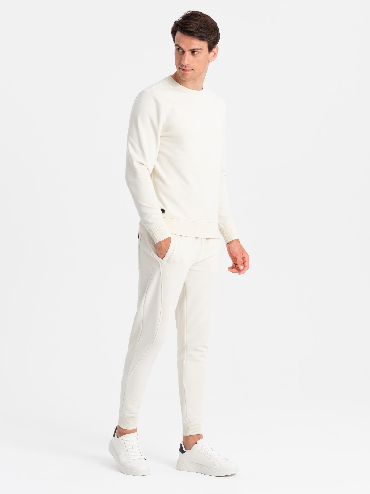 Bawełniany dresowy komplet męski BASIC bluza nierozpinana + joggery – kremowy V5 - Rozmiar: XL