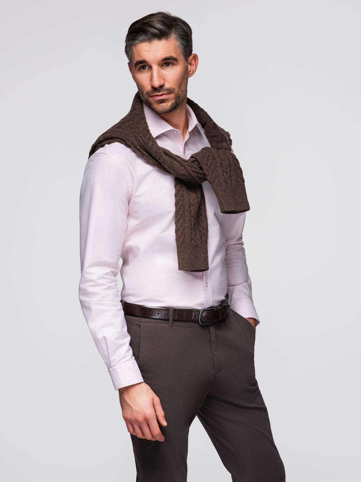 Bawełniana pastelowa męska koszula typu oxford – jasnoróżowa V1 - Rozmiar: XL