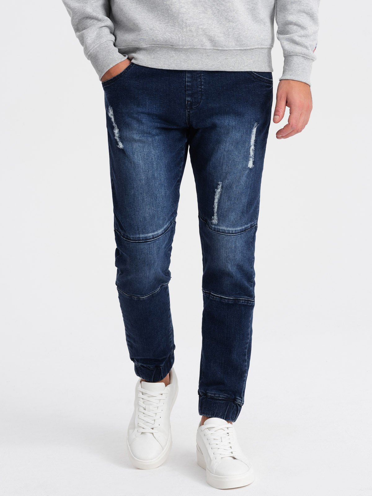 Spodnie męskie marmurkowe JOGGERY z przetarciami - ciemnoniebieskie V1 - Rozmiar: L