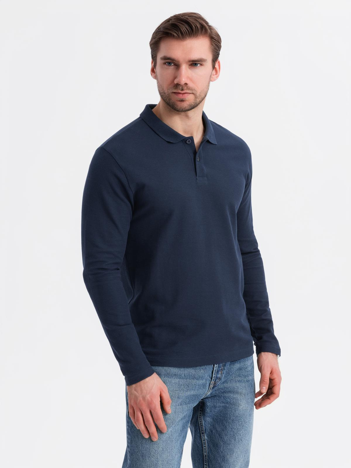 Męski longsleeve BASIC z kołnierzykiem polo – granatowy V3 - Rozmiar: XL