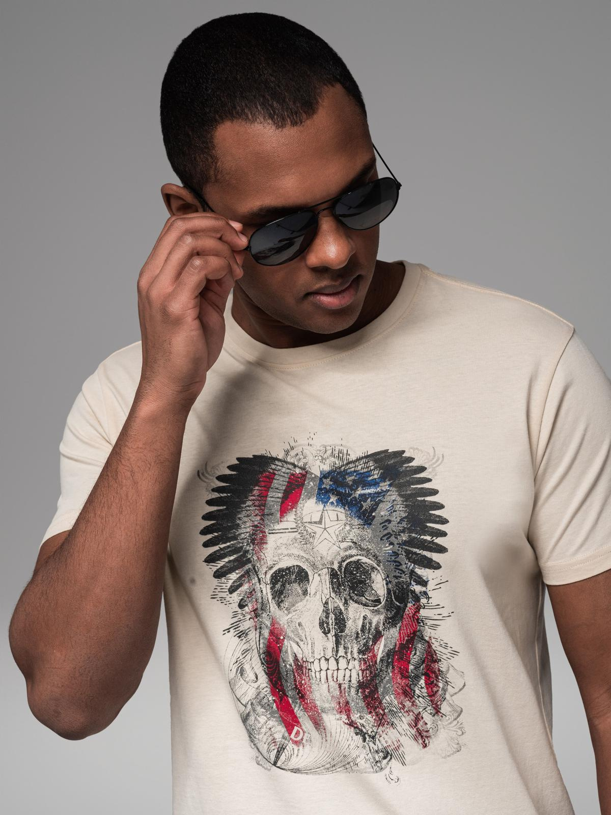 Bawełniany t-shirt męski z nadrukiem w stylu rockowym – kremowy V1 - Rozmiar: M