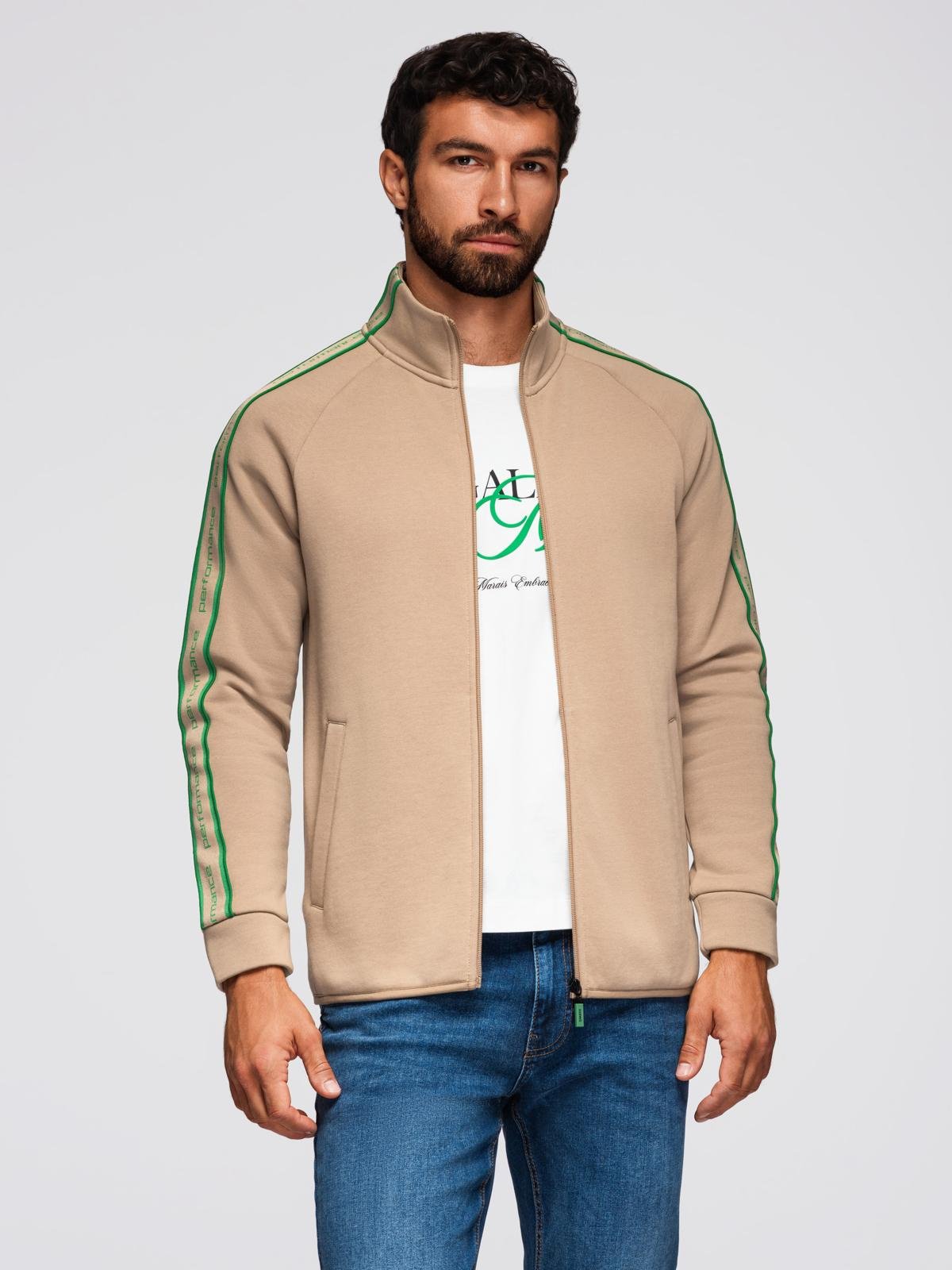 Bluza męska rozpinana z lampasami i wysoką stójką – brązowa V1 - Rozmiar: L