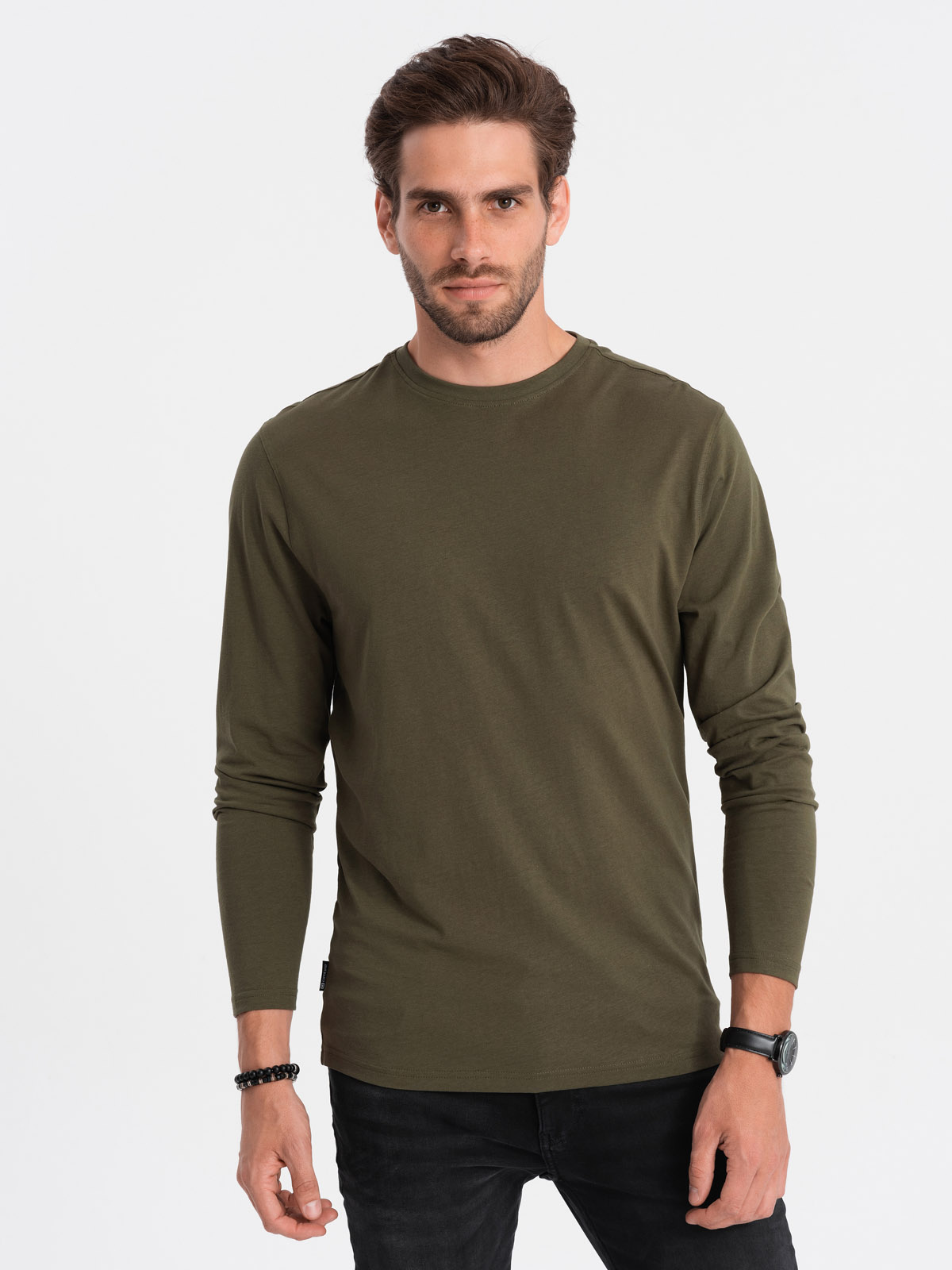 Męski longsleeve BASIC z okrągłym dekoltem - ciemnooliwkowy V7 - Rozmiar: XXL