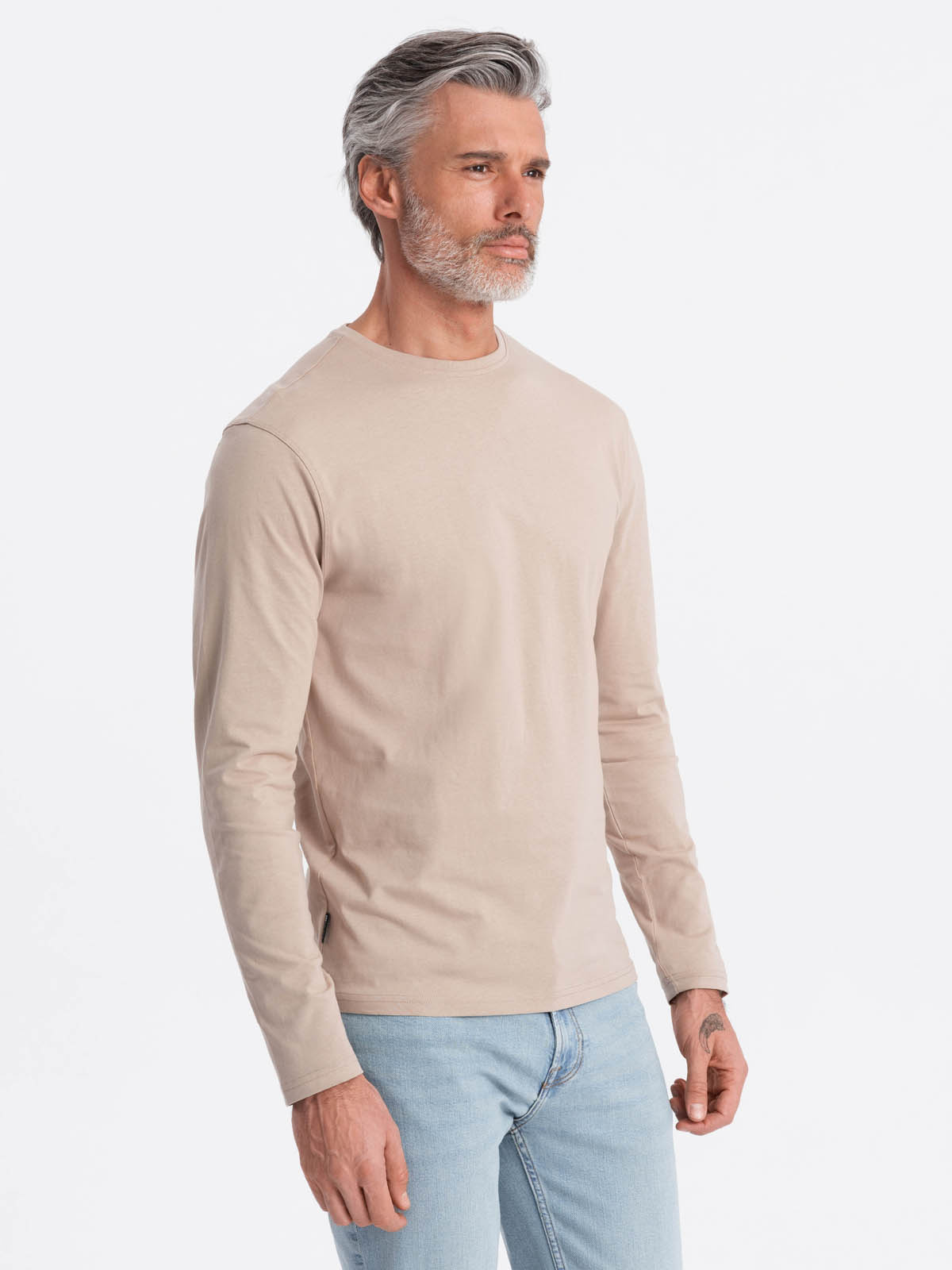 Męski longsleeve BASIC z okrągłym dekoltem - beżowy V8 - Rozmiar: L