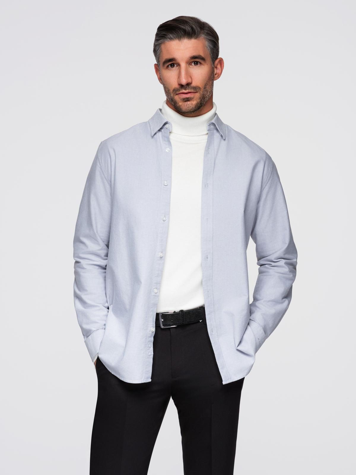 Elegancka męska koszula oxford z haftem – błękitna V1 - Rozmiar: XL