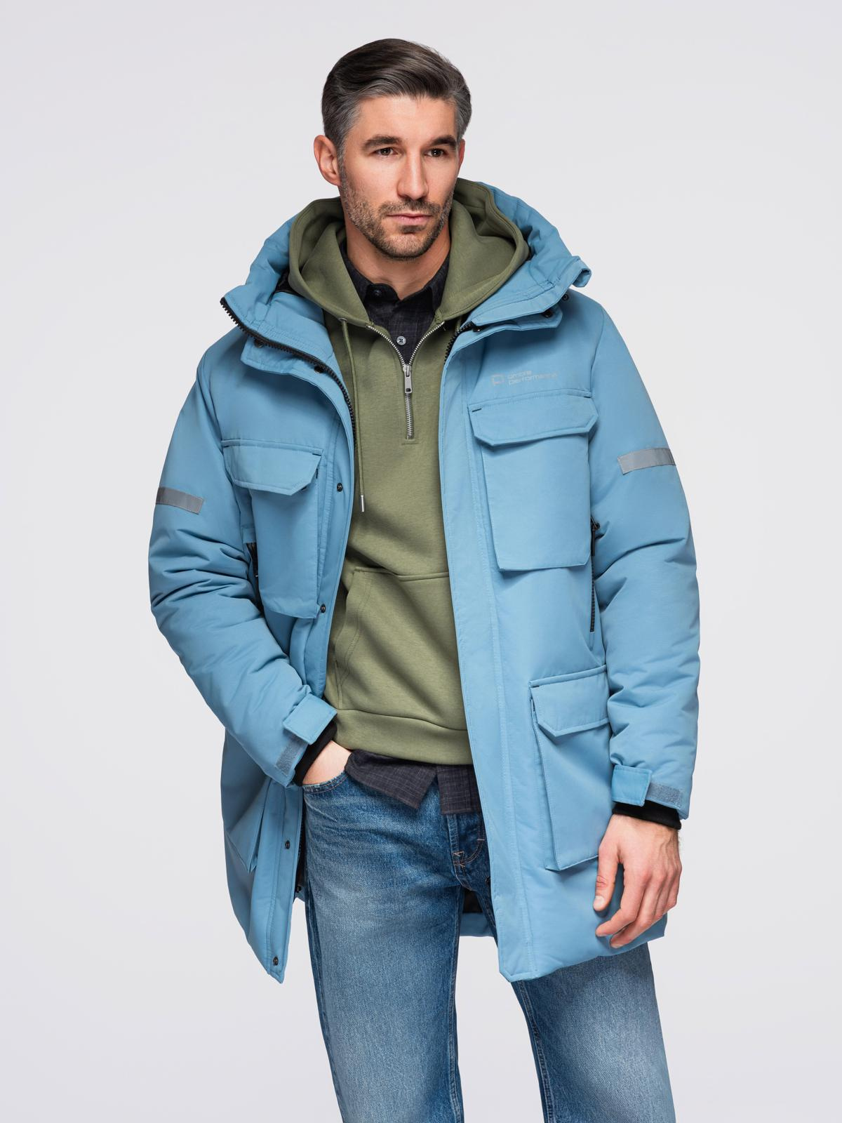 Ocieplana długa męska kurtka z odblaskowymi elementami – niebieska V4 - Rozmiar: S