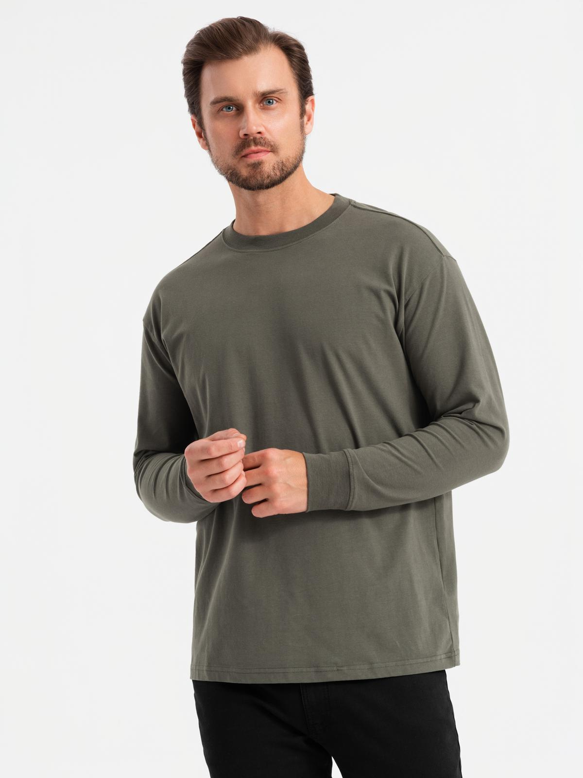 Bawełniany męski longsleeve LOOSE FIT z okrągłym dekoltem – szarozielony V3 - Rozmiar: L