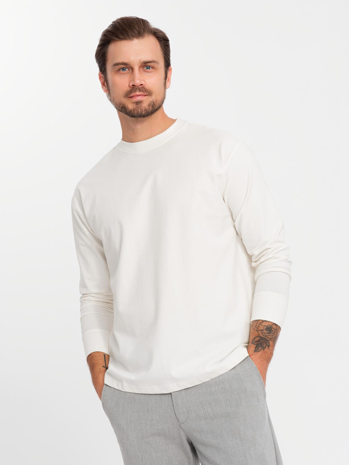 Męski bawełniany longsleeve LOOSE FIT z okrągłym dekoltem – kremowy V2 - Rozmiar: L
