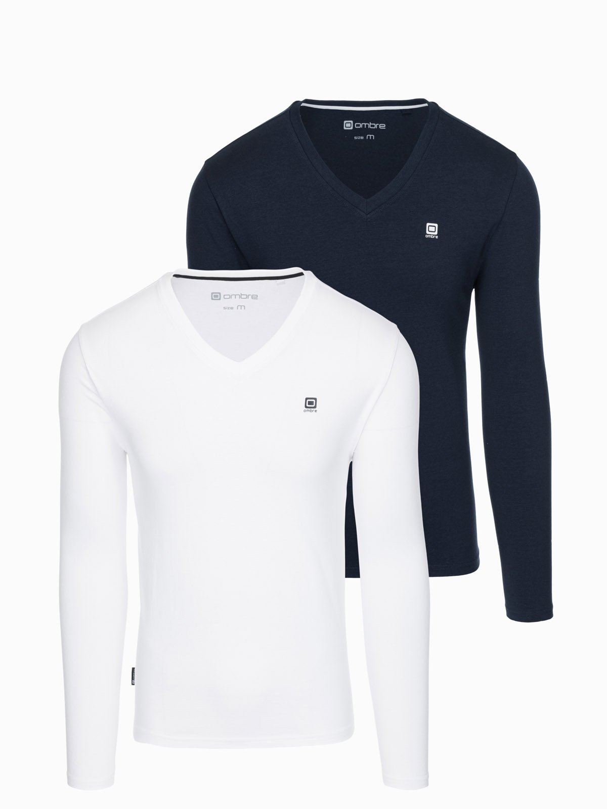 Zestaw męskich longsleeve'ów SLIM FIT z dekoltem typu V i logotypem 2-pak– mix biały/granatowy V1 - Rozmiar: XXL