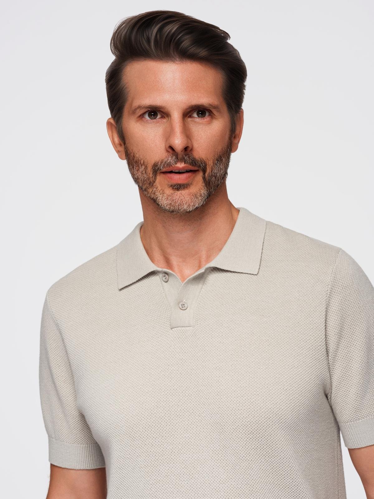 Męska bawełniana koszulka polo ze strukturalnej dzianiny – beżowa V6 - Rozmiar: S