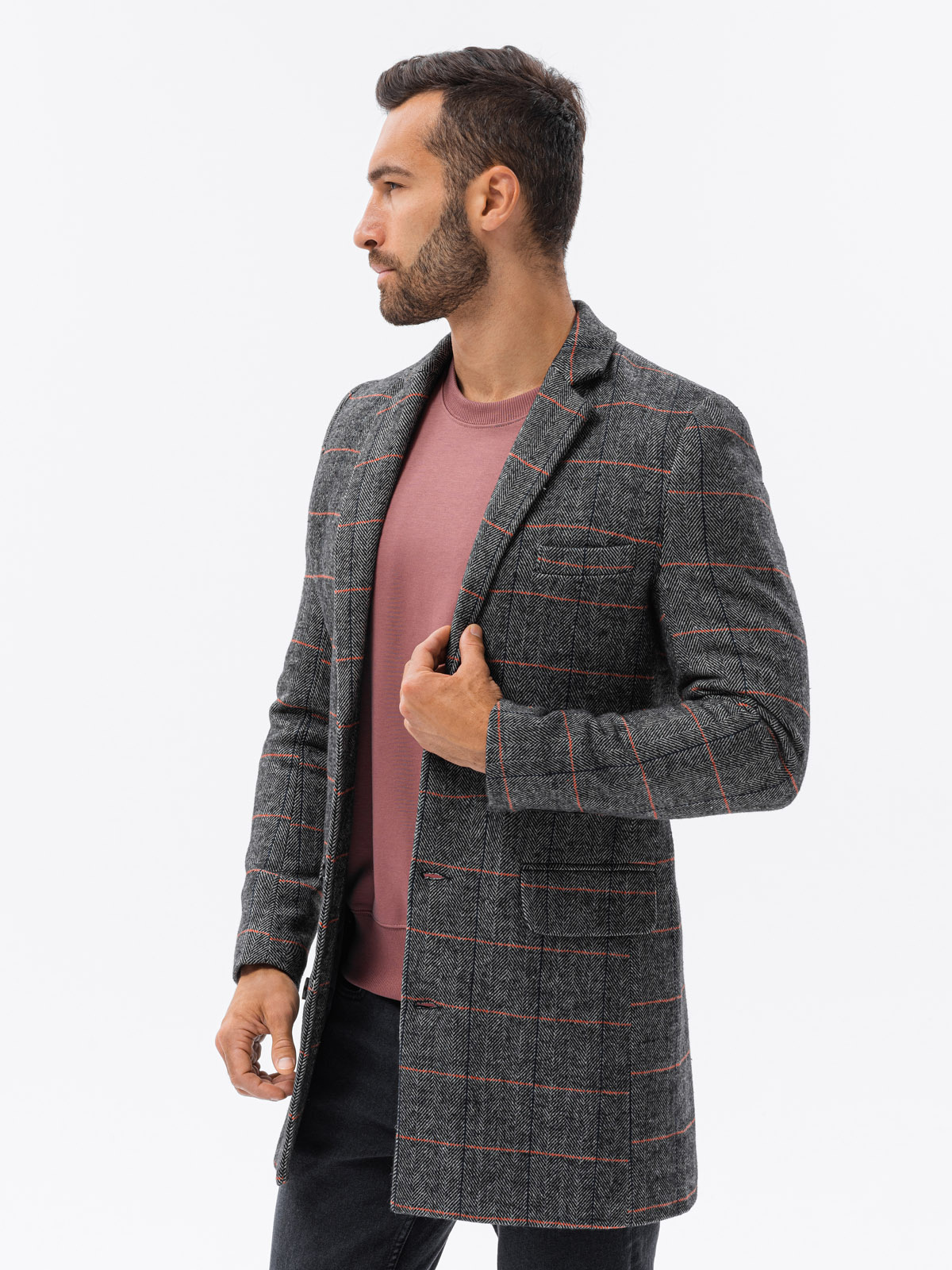 Jednorzędowy płaszcz męski w kratę - czarny V2