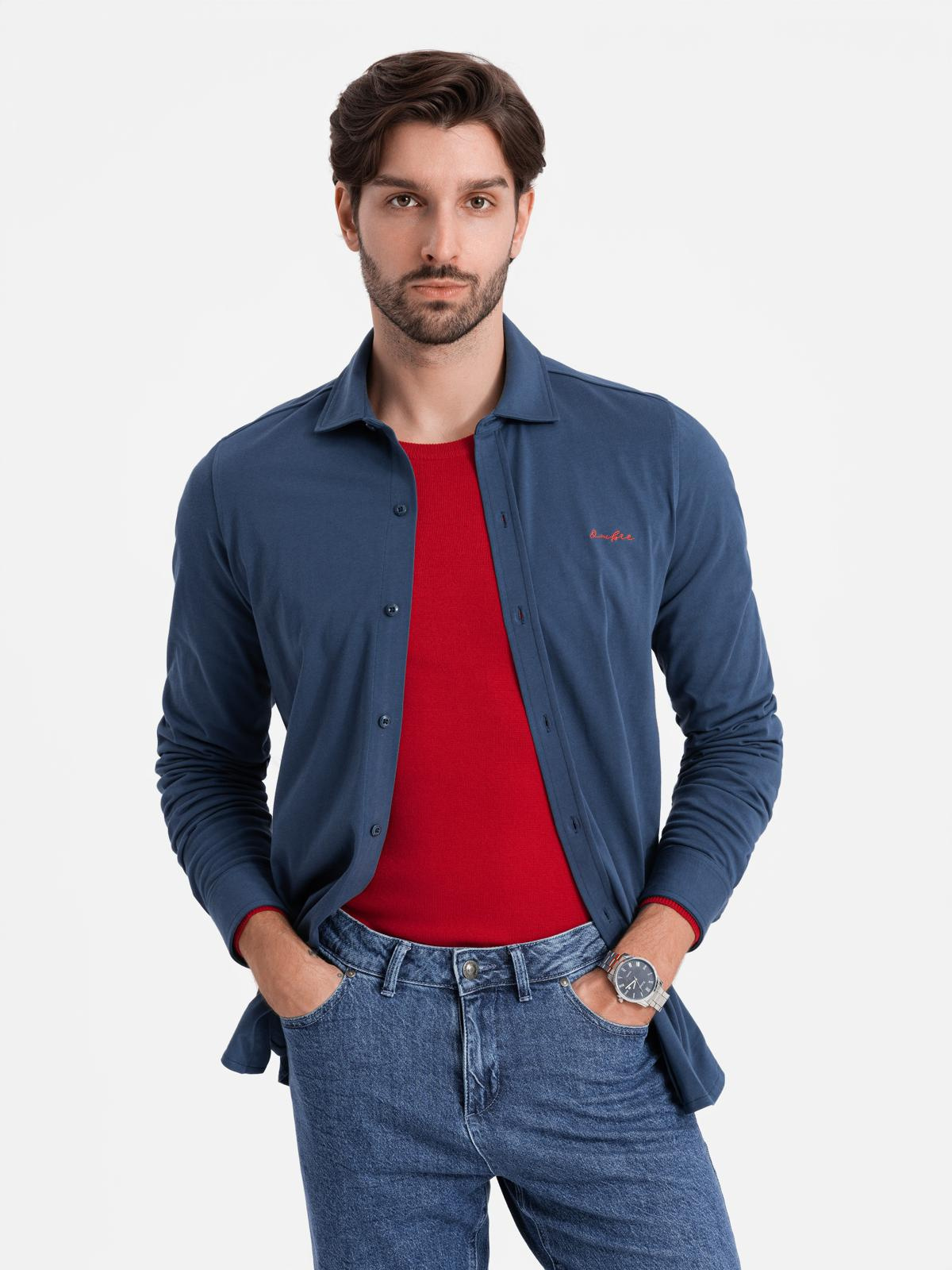 Bawełniana męska koszula REGULAR z dzianiny single jersey - niebieska V1