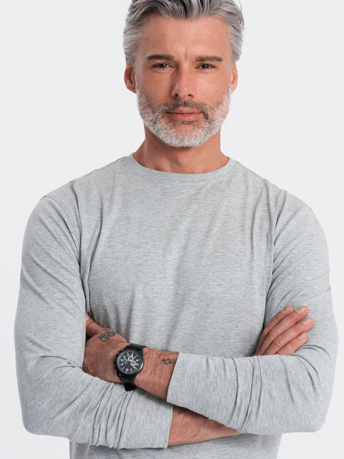 Longsleeve męski BASIC z okrągłym dekoltem - szary melanż V3 - Rozmiar: XL