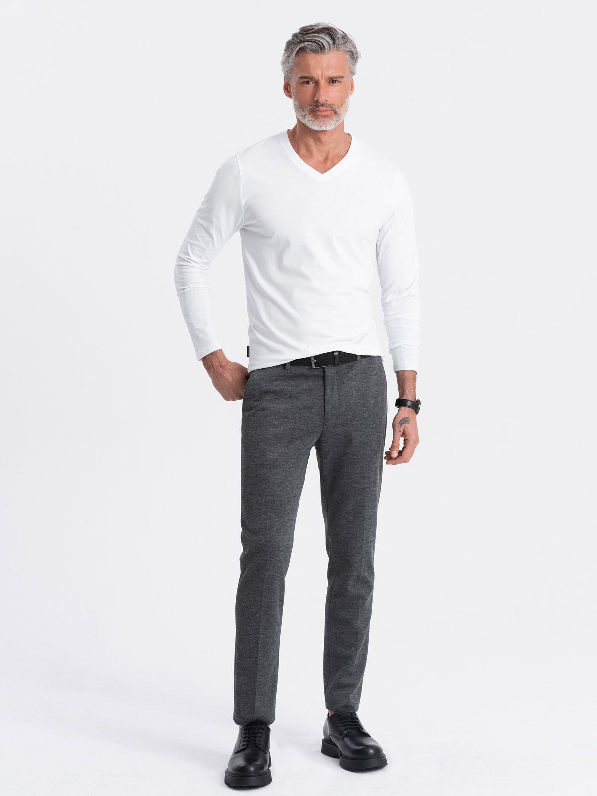 Longsleeve męski bez nadruku z dekoltem w serek - biały V3 - Rozmiar: M