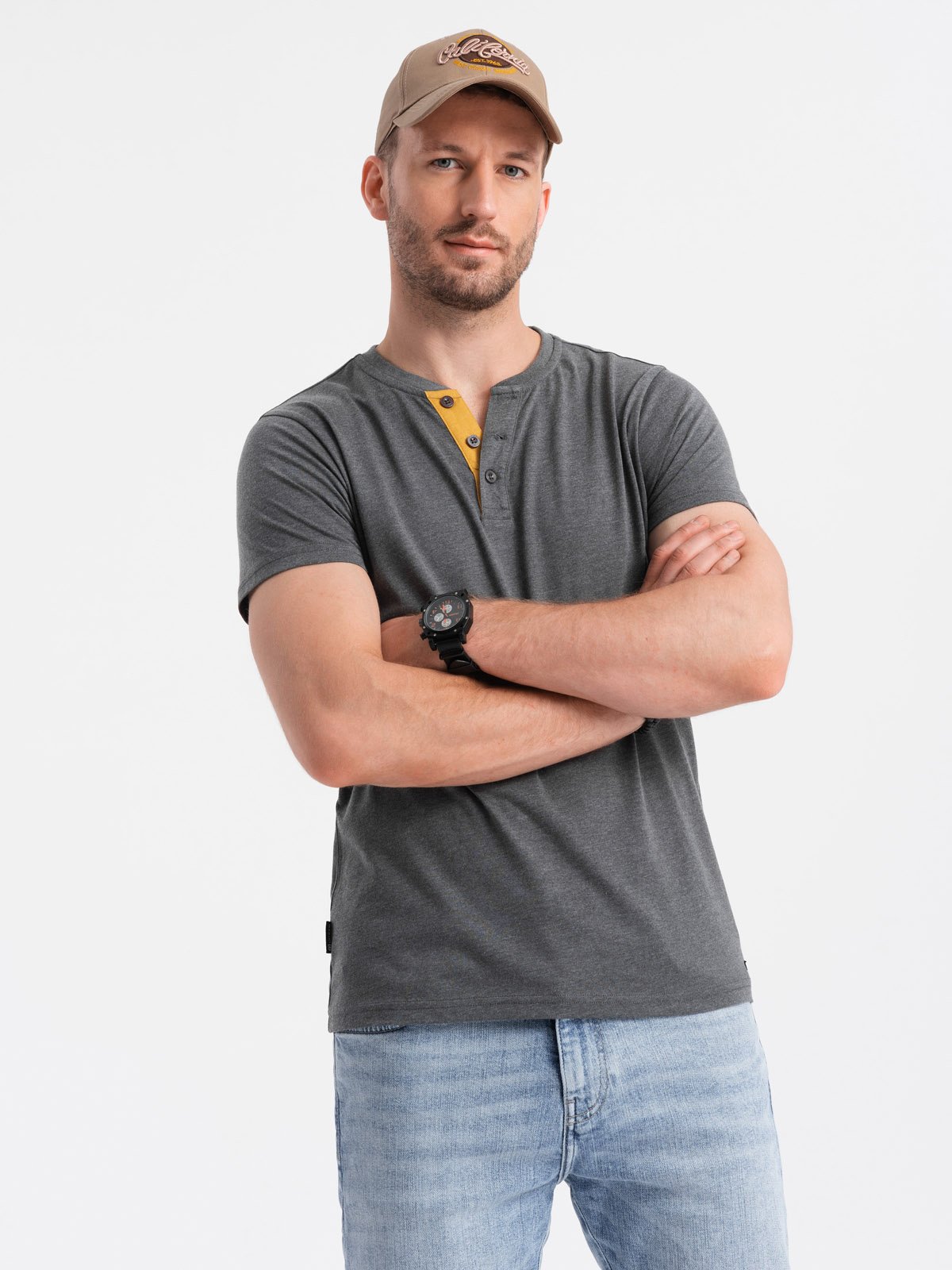 T-shirt męski z okrągłym rozpinanym dekoltem henley – grafitowy V6