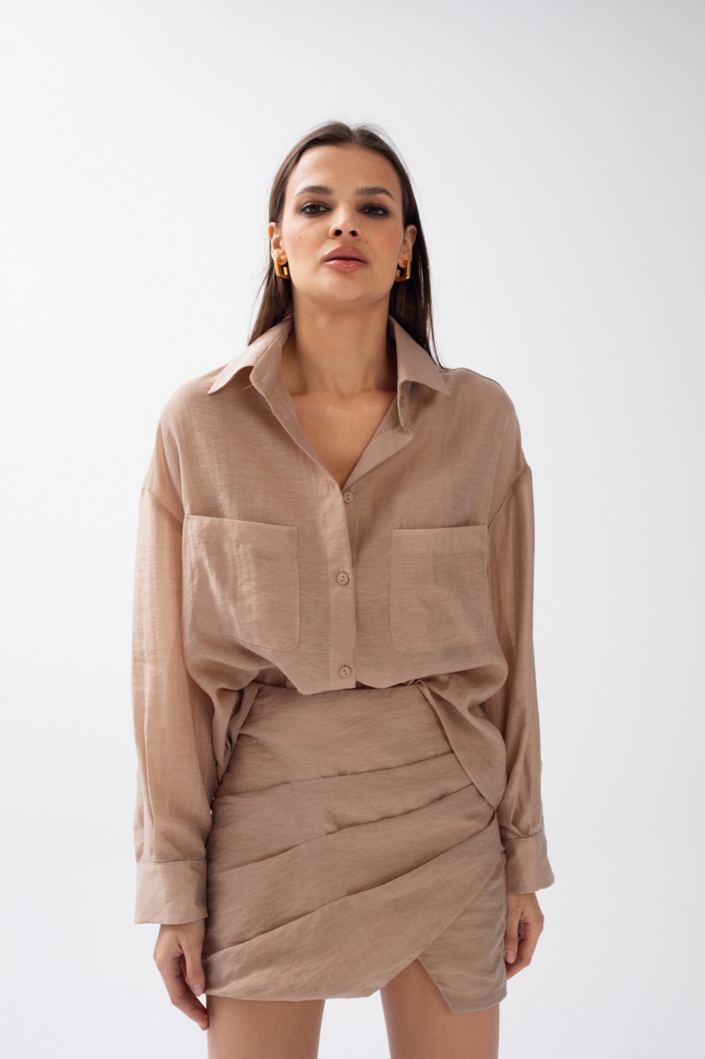 Spódniczka mini w kolorze beżowym z drapowaniem - LORIENT