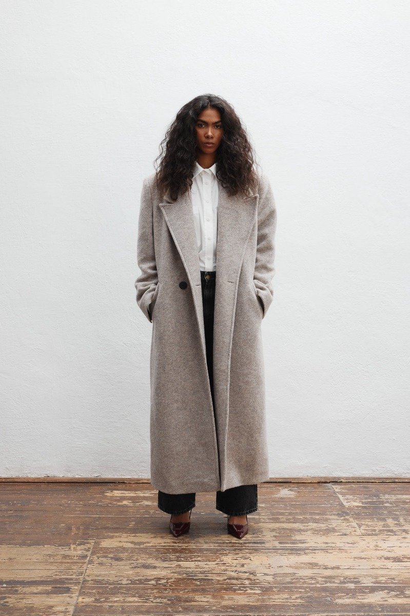 Wełniany trencz w kolorze BEIGE MELANGE - TESORO-M