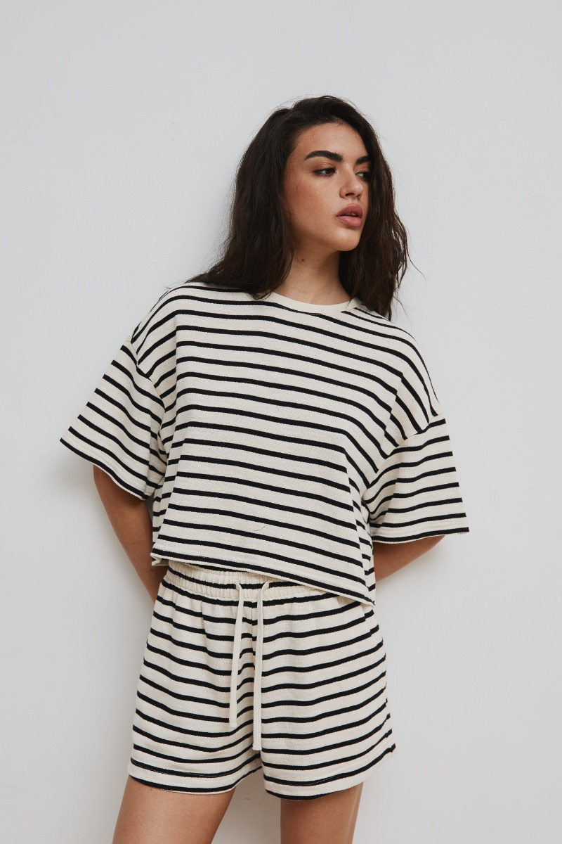 Tshirt z dzianiny bawełnianej w paski BLACK & BEIGE - CASPE -M