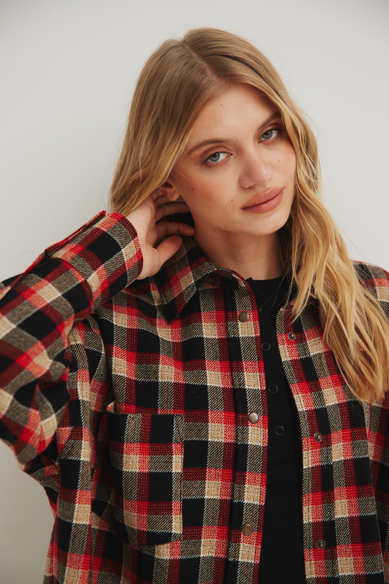 Wełniana koszula typu oversize w CZERWONĄ KRATĘ - RENO-UNI