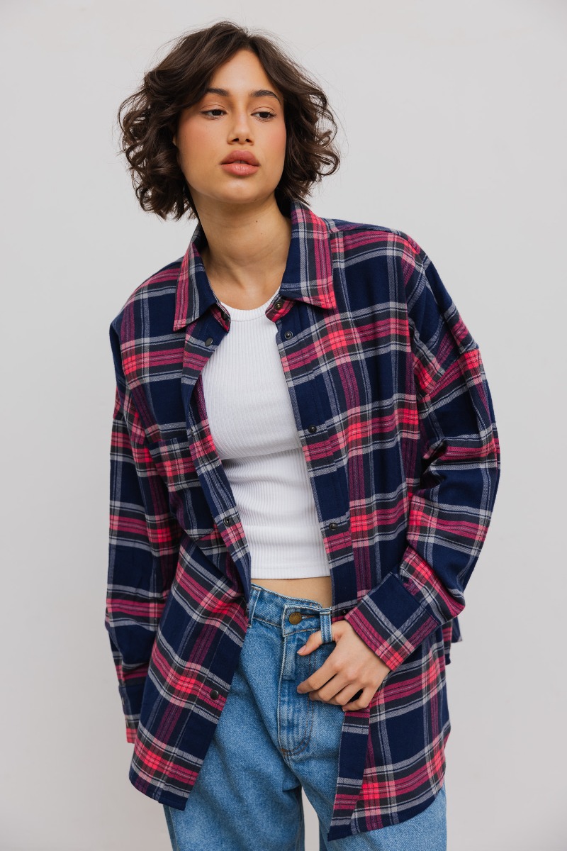 Koszula typu oversize w GRANATOWO RÓŻOWĄ KRATĘ - RENO-UNI