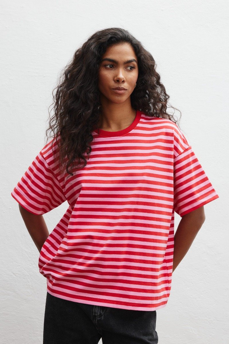 Klasyczny Tshirt w paski CZERWONO RÓŻOWE - DUAL-S/M